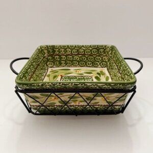 Temp-tations Old World Green 8" Square Baker w/ Lid, Metal Stand & Trivet 1.5 Qt